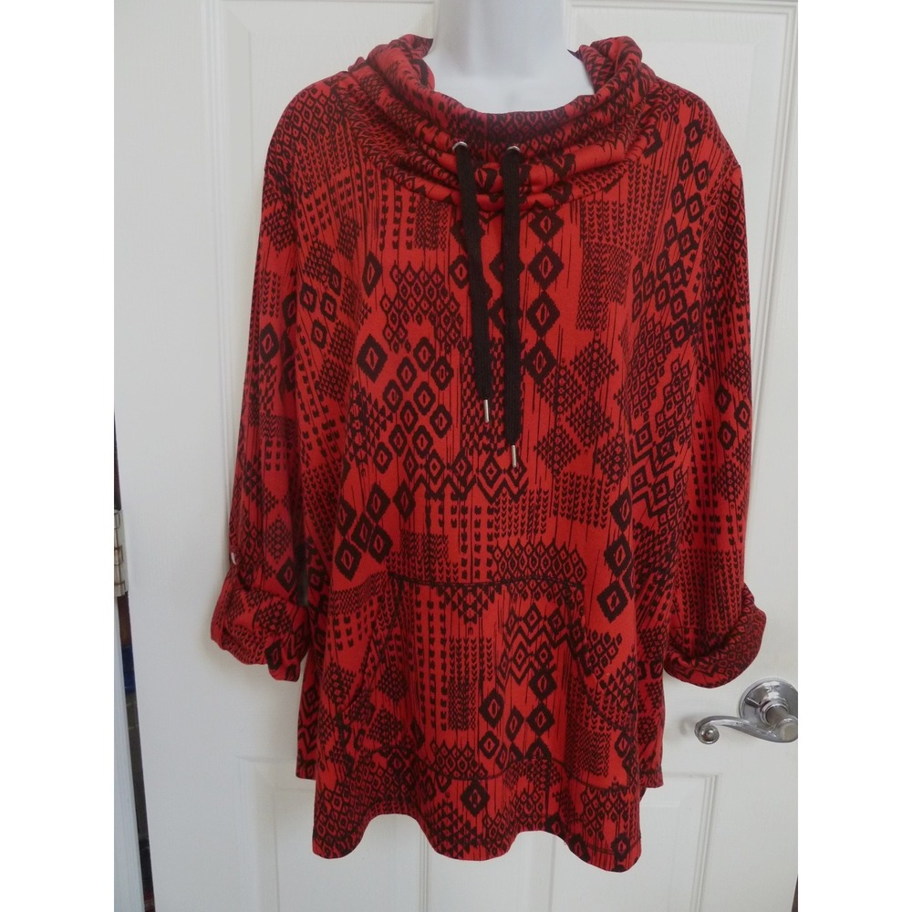 Ruby Rd XL Red Black Geometric French Terry Cowl Neck Tunic Top Roll Tab Sleeve